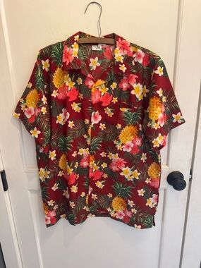 Classic Red Floral Hawaiian Button-Down Shirt by